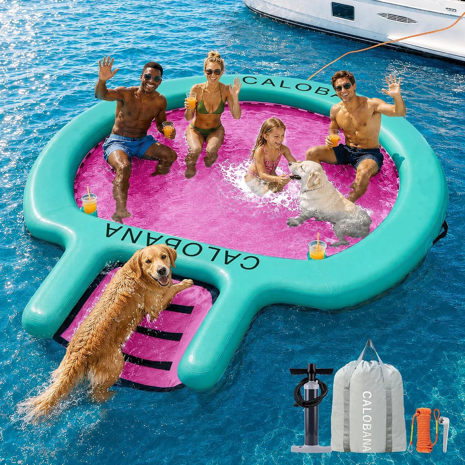 Special CALOBANA Water Hammock with Dog Boat Ramp, Inflatable Round Floating Ring for Adults Pets Heavy Duty Floating Dock - Image 6