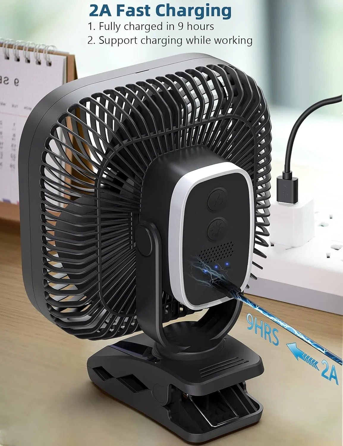 Special 20000mAh Rechargeable Portable Clip-on Fan, Battery Operated, Last 78 Hrs, 4 Speeds with Light & Hook - Image 6