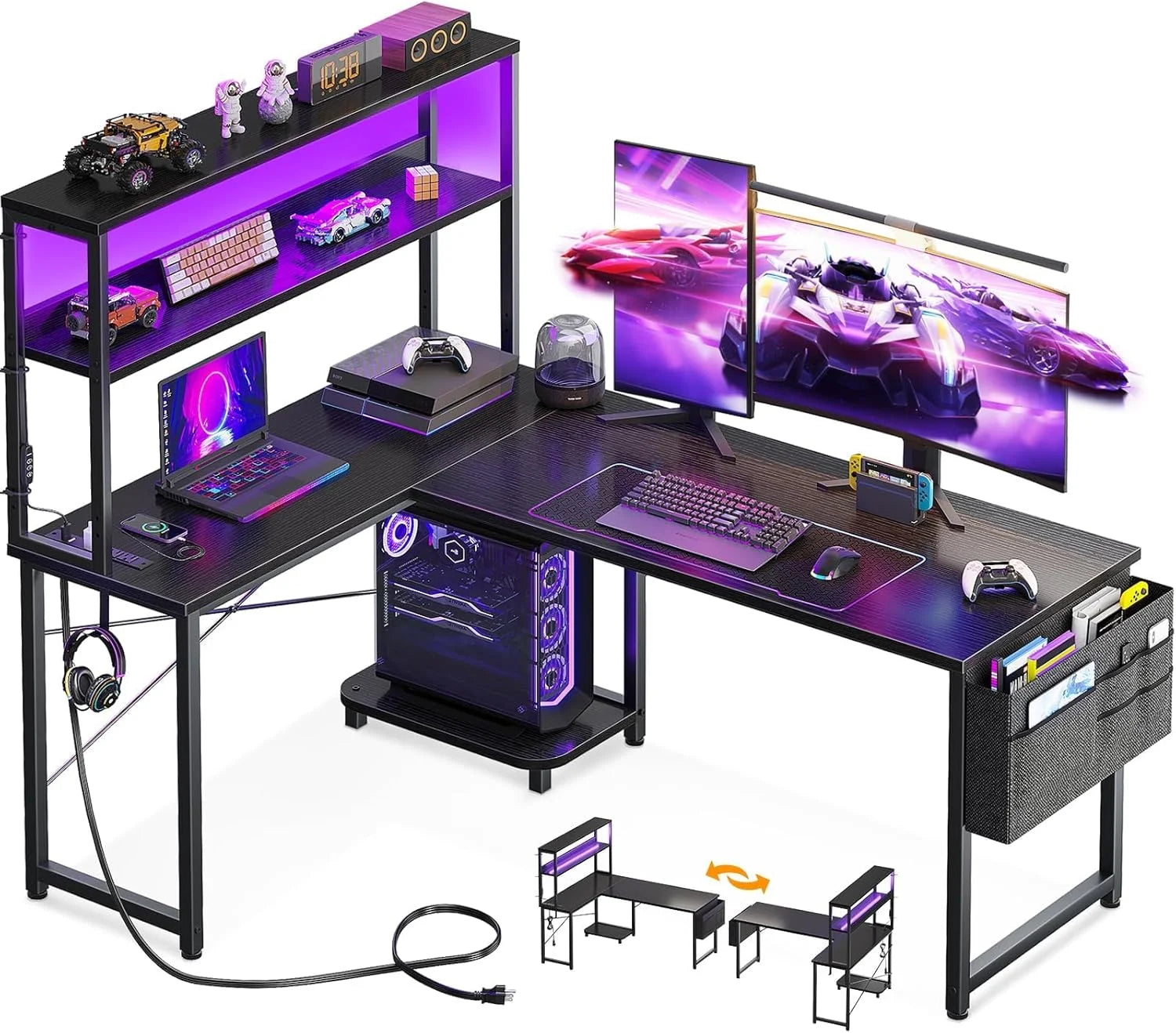 Special L Shaped Desk Gaming Desk with LED Light & Power Outlet, 53 Inch Black Reversible L Shaped Computer Table - Image 3