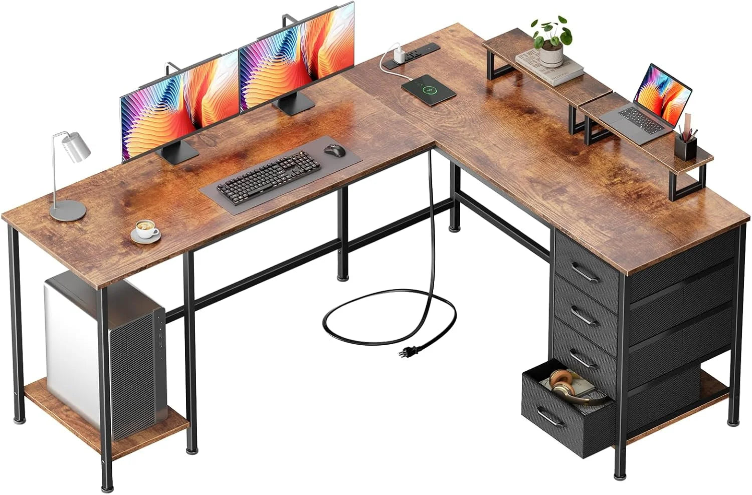 Special Korfile 59 inch L Shaped Computer Desk with Power Outlets, Home Office Desk with 4 Adjustable Storage Drawers & 2 - Image 4
