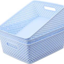 Special 3 Pack Plastic Storage Baskets, Medium, White, Durable Woven Plastic with Built-In Handles