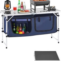 Special Camping Kitchen Station, 3 Adjustable Height Folding Outdoor Camp Cooking Table with Storage Organizer