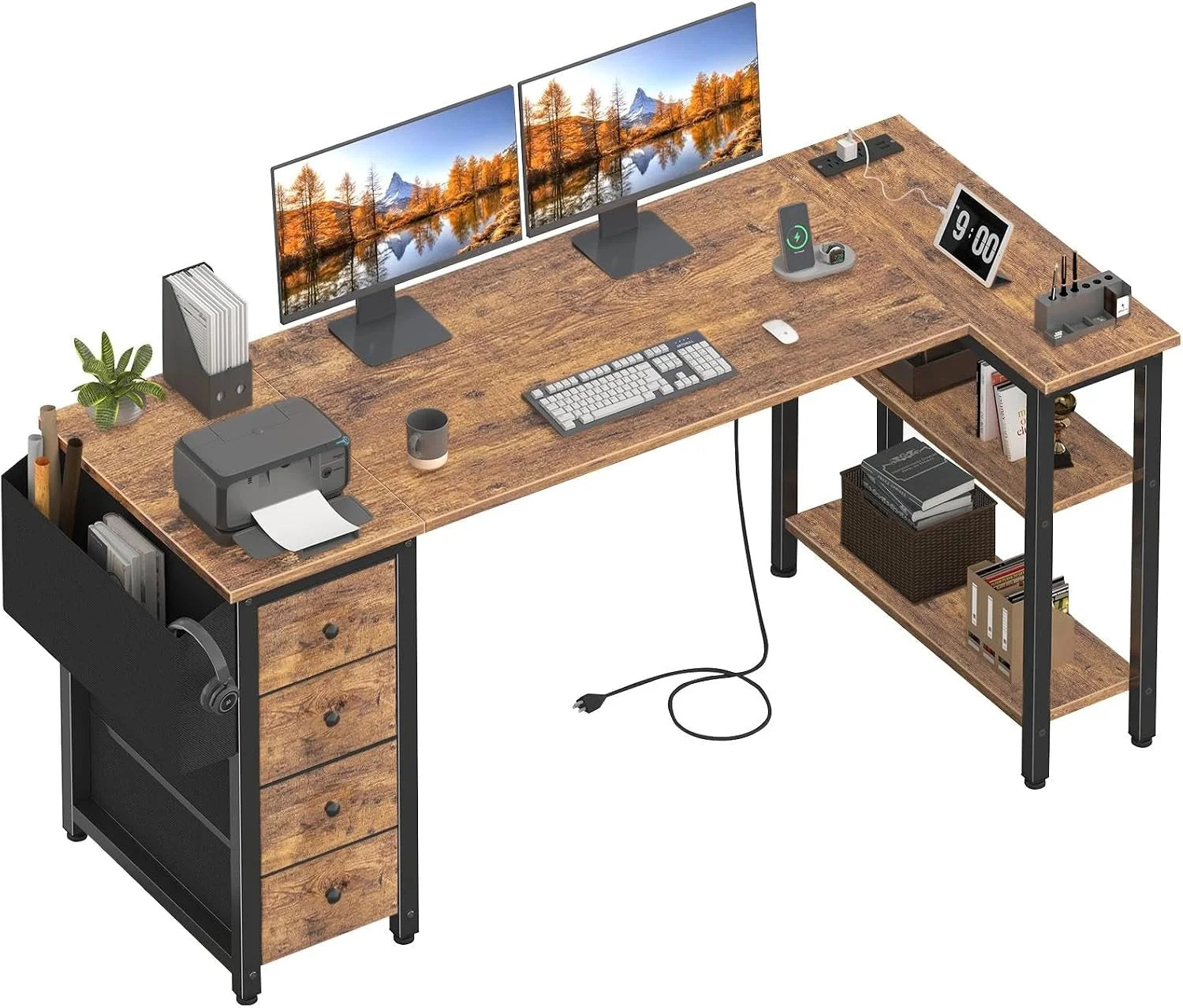 Special Lufeiya White L Shaped Computer Desk with Drawers & Storage Shelves, 47 Inch Corner Reversible Desk with Power Outlet - Image 7