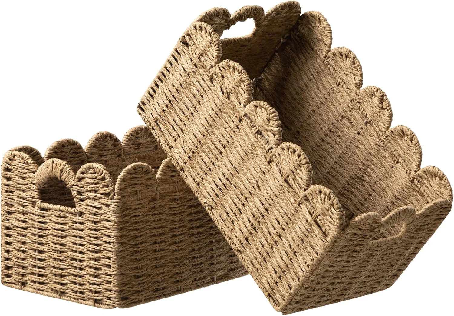 Special 2 Pack Scalloped Edge Basket, Wicker Storage Baskets for Shelves, Hand-woven Rattan Baskets with Built-in Handles - Image 3