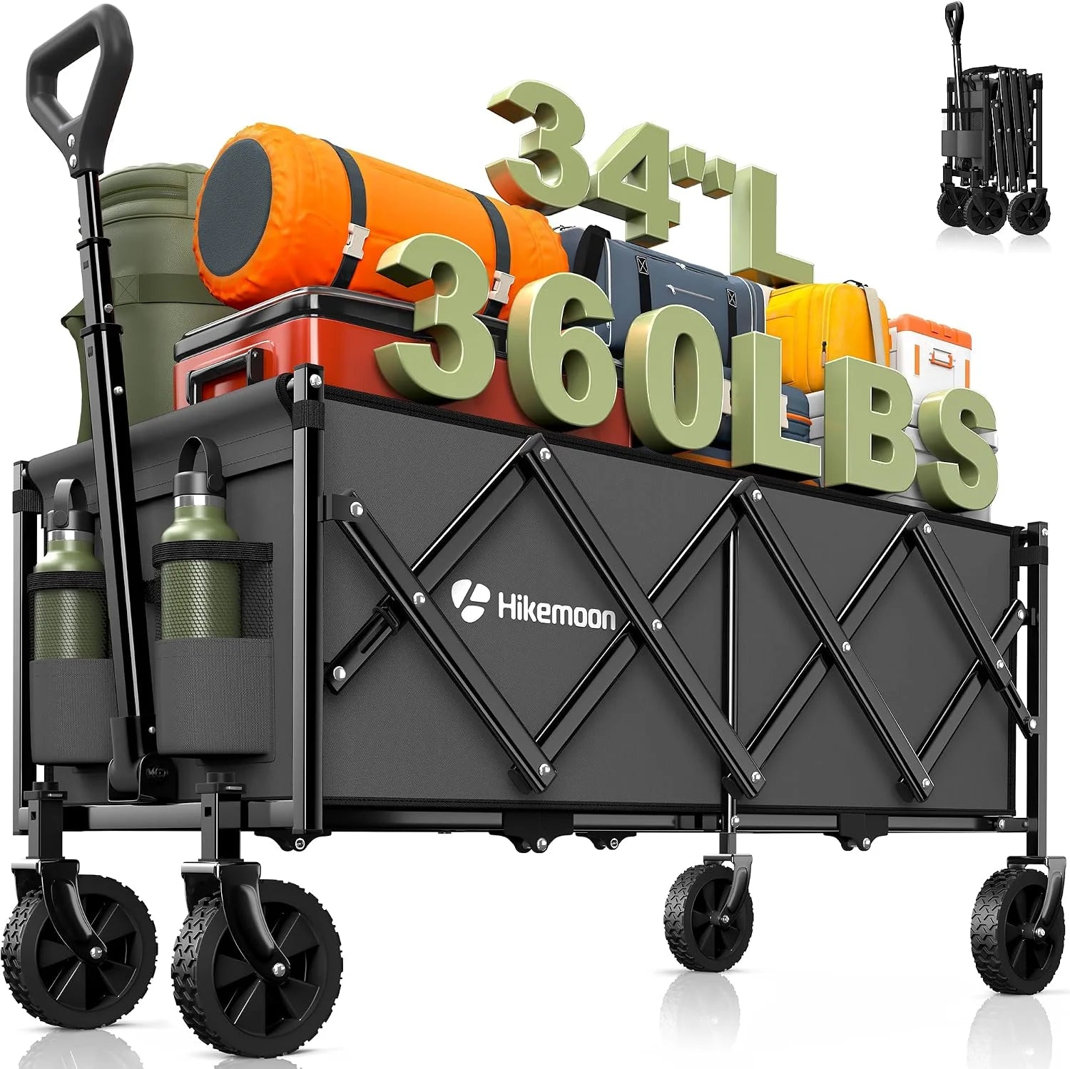 Special 34” Extra Long Folding Portable Wagon Cart, 120L 360LBS Black, Heavy Duty