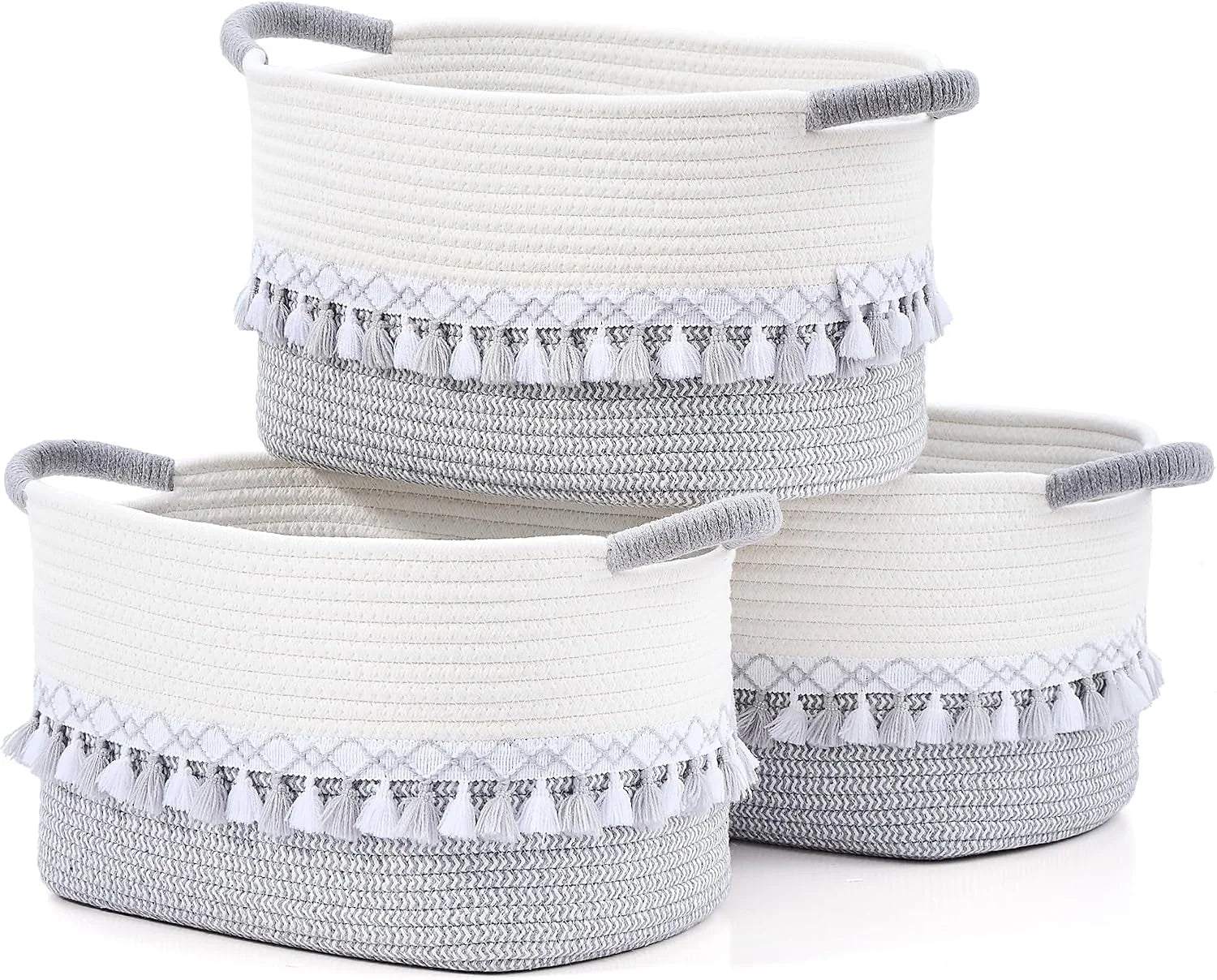 Special Basket, Woven Baskets for Shelves, White/Brown, 3 Pack Boho Cotton Rope Storage Baskets - Image 6