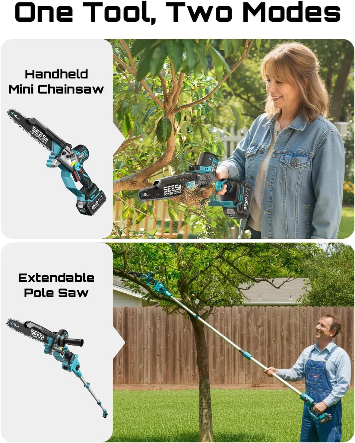 Special SEESII 10-Inch 2-in-1 Cordless Pole Saw & Mini Chainsaw,2 x 4.0Ah Batteries - Image 2
