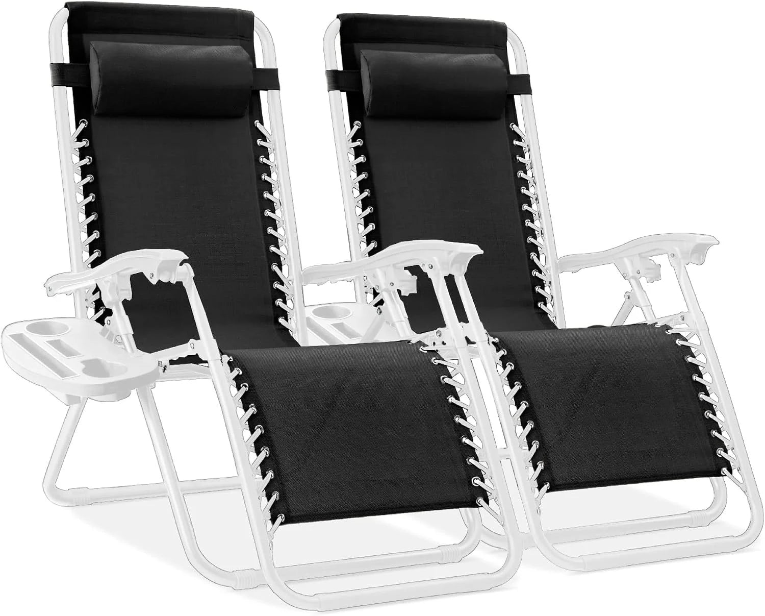 Special Choice Products Set of 2 Adjustable Steel Mesh Zero Gravity Lounge Chair Recliners w/Pillows and Cup Holder Trays - Image 12
