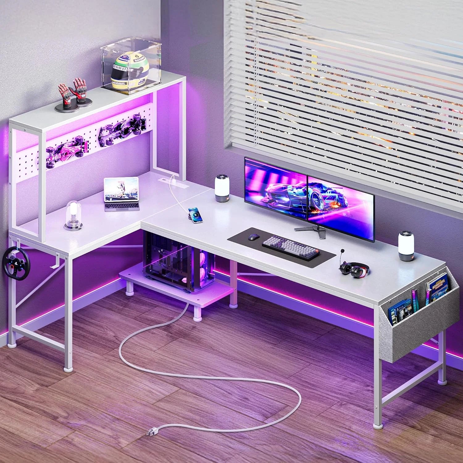 Special L Shaped Gaming Desk with LED Lights & Power Outlets, Reversible Computer Desk with Storage Shelves & Bag - Image 3