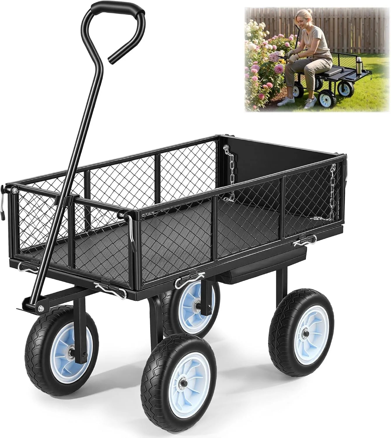 Special VEVOR 500 LBS Steel Garden Cart with Work Seat, Heavy Duty Garden Wagon Cart on Wheels - Image 2