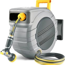 Special GLAHODEN Retractable Garden Hose Reel 5/8 in x 65 ft, 2025 Upgraded Dual Ratchet Lock UV & Freeze Protection Brass Seal