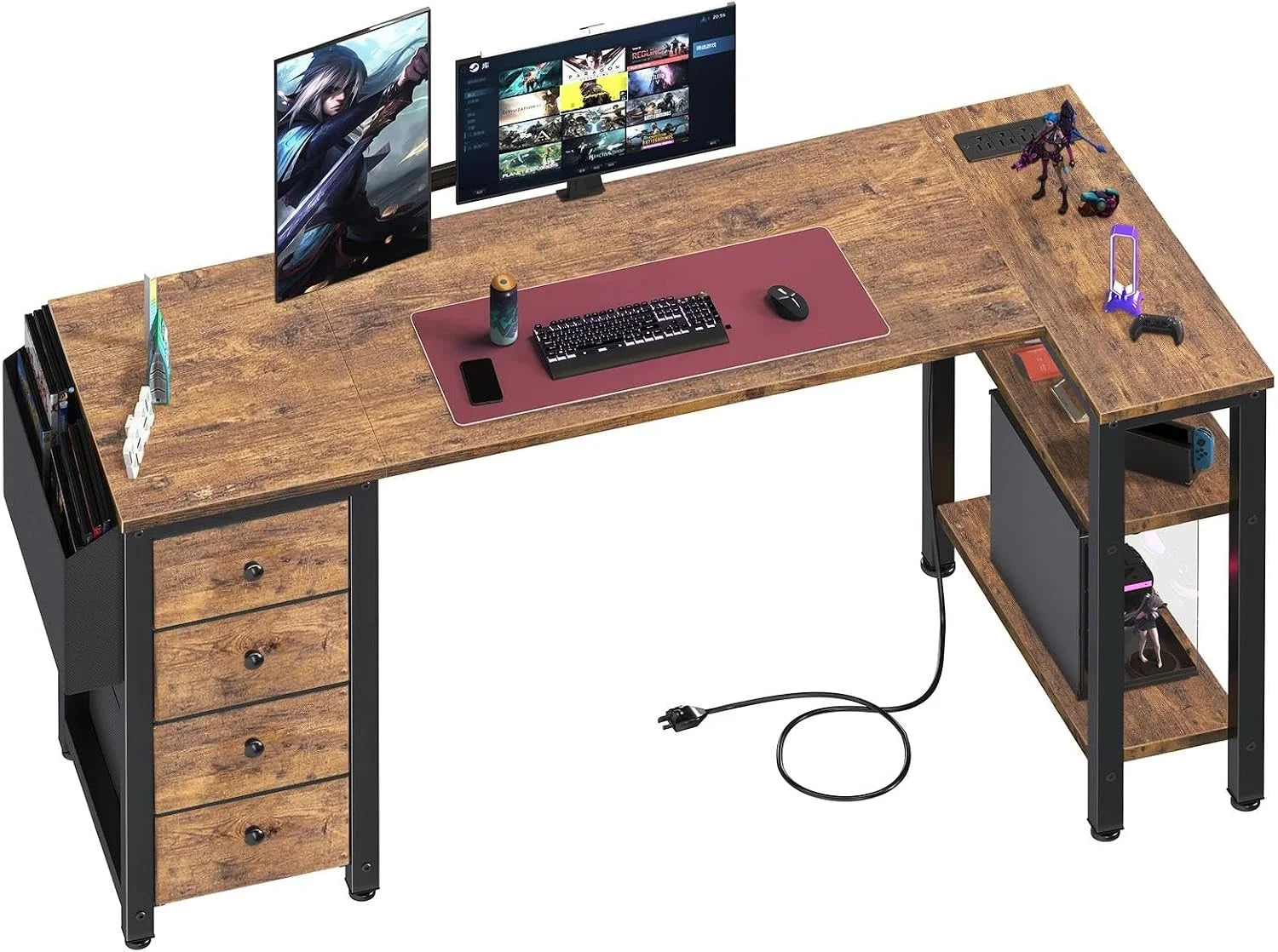 Special Lufeiya White L Shaped Computer Desk with Drawers & Storage Shelves, 47 Inch Corner Reversible Desk with Power Outlet - Image 4
