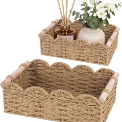 Alternative view of Special Storage Organizing Baskets, Set of 2 Scalloped Edge Wicker Basket with Wooden Handles Toilet Paper