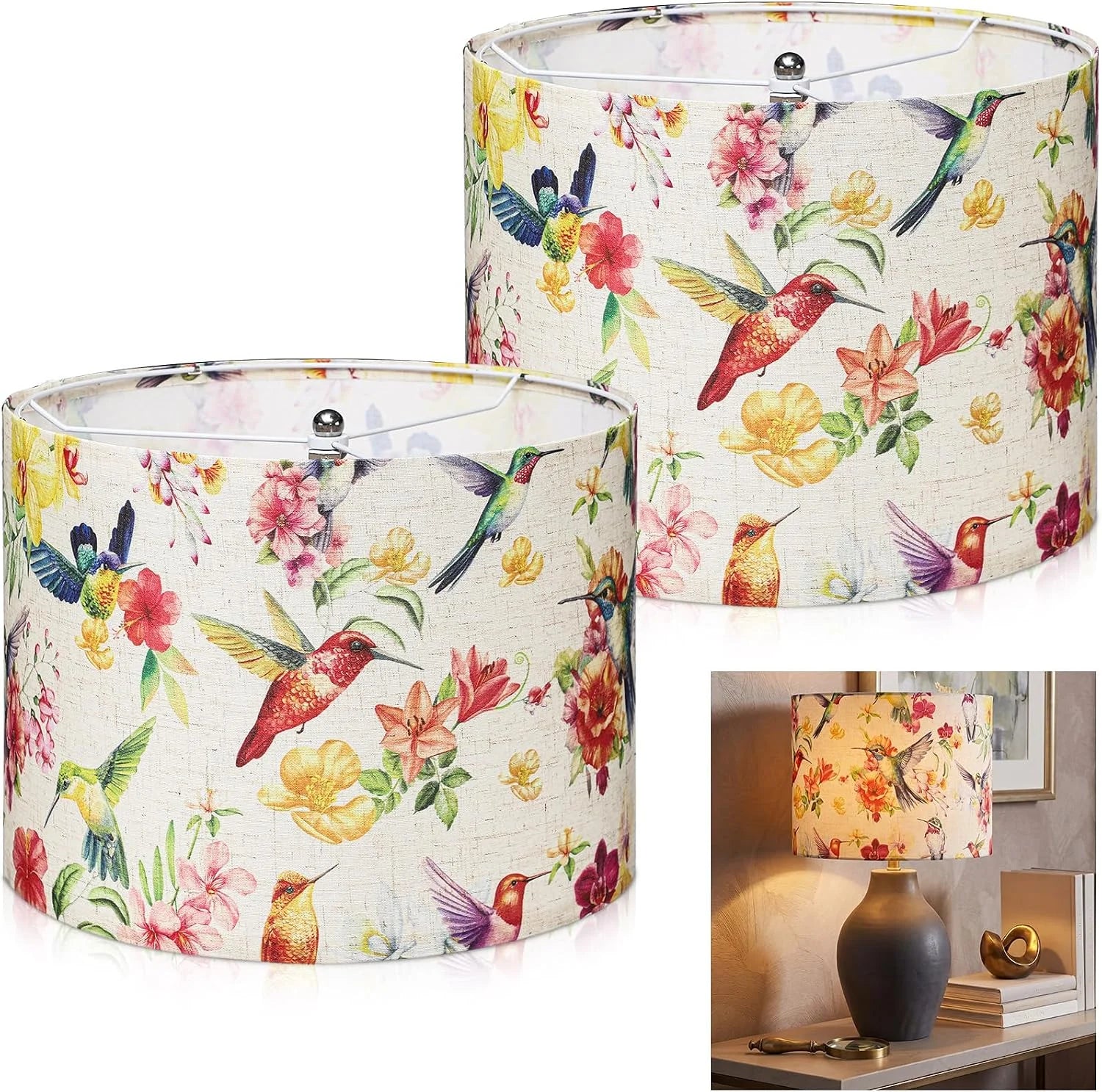 Special 2 Pack Chinoiserie Drum Lamp Shade 13 x 13 x 10 Inch Cream Linen Lampshade with Exquisite Bird Floral Lining - Image 2