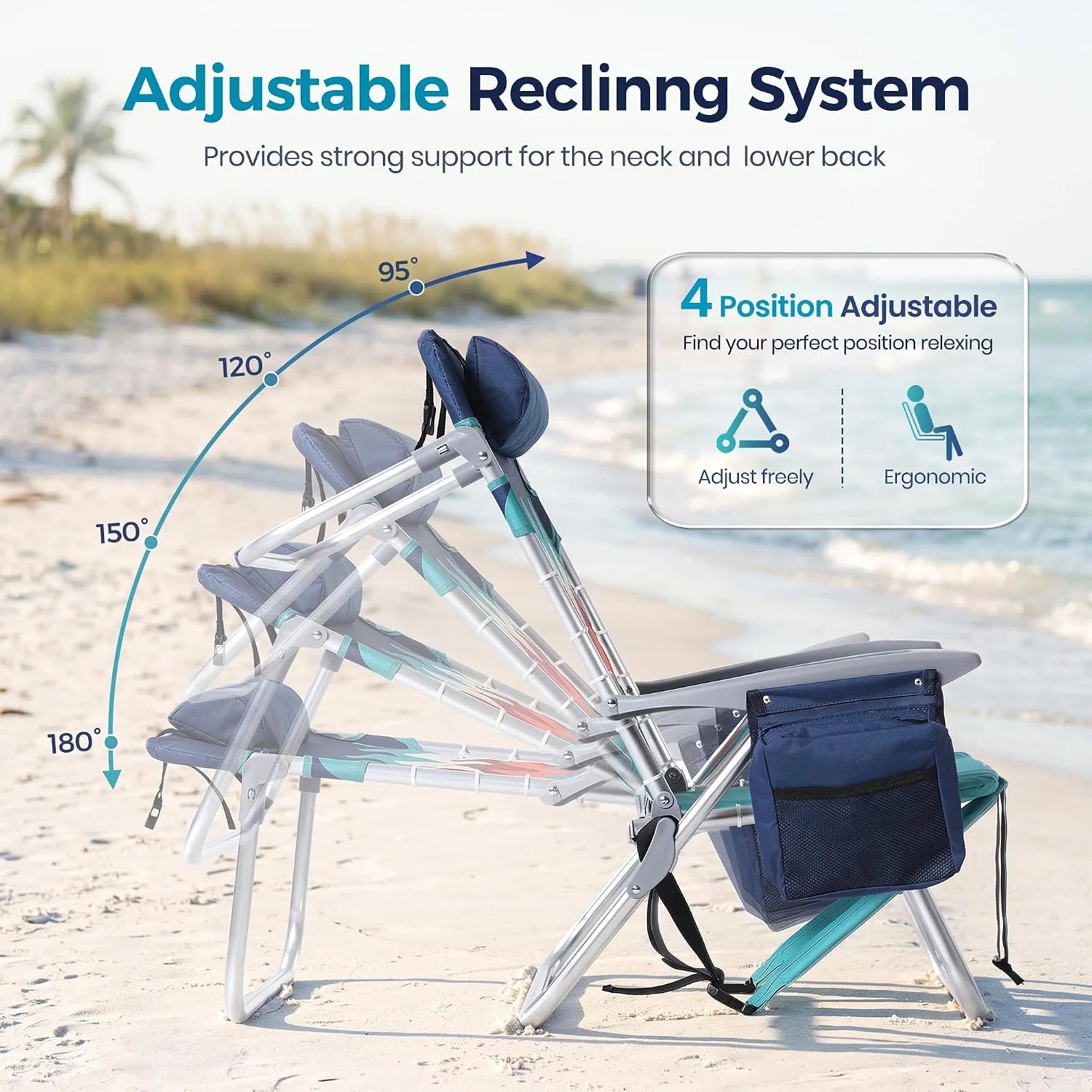 Special PARTY Backpack Beach Chairs 2 Pack Aluminum Lightweight Folding Reclining Beach Chairs, 4 Positions Classic Lay - Image 6