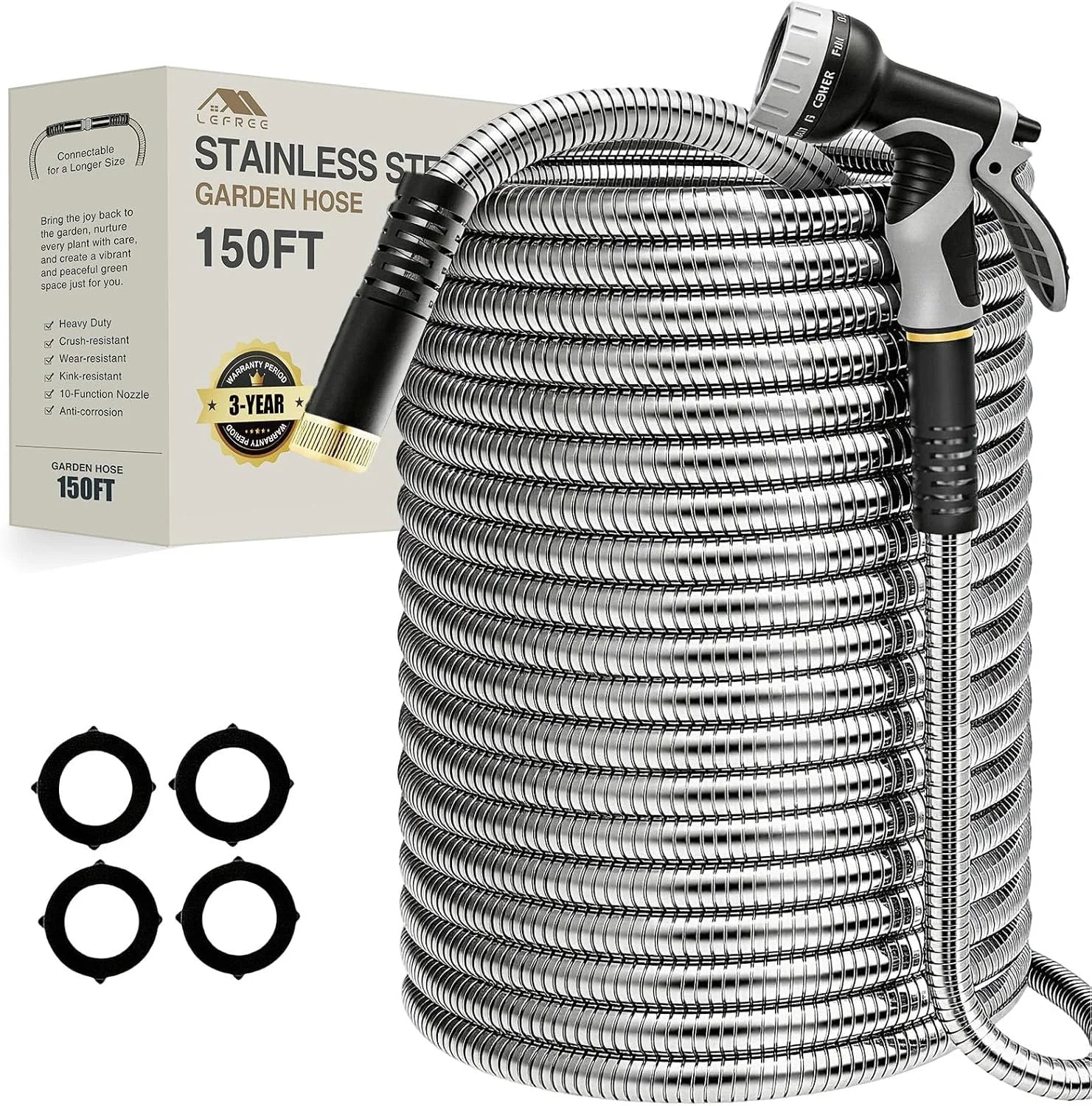 Special 150ft Stainless Steel Garden Hose, No-Kink Leak-Proof Crush Resistant, 10-Function Nozzle for Lawn Care - Image 8