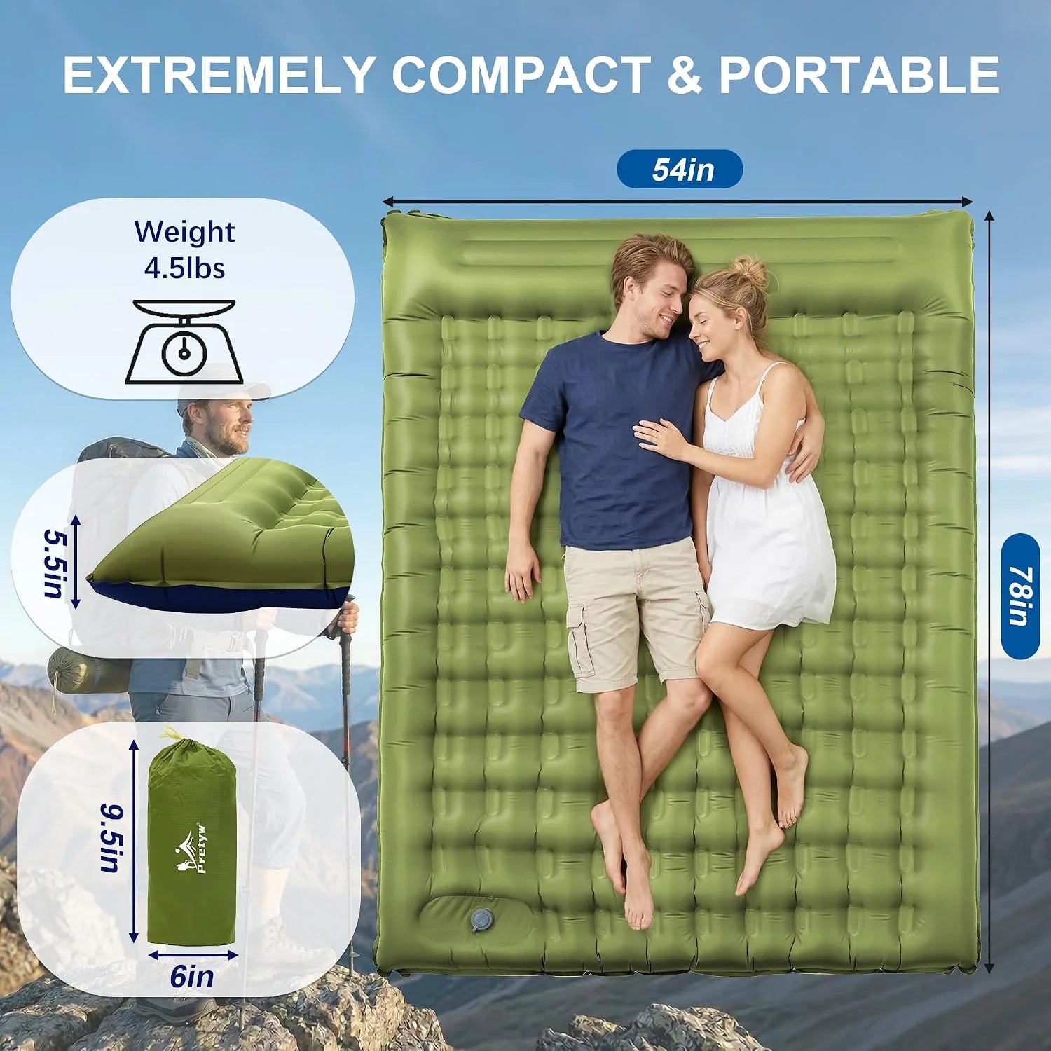 Special Pretyw Double Sleeping Pad for Camping, 5.5 Ultra-Thick Camping Mattress with Pillow, Built-in Foot Pump - Image 2