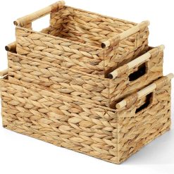 Alternative view of Special Storage Baskets for Organizing 3 Pack, Natural Water Hyacinth Ratten Baskets with Wooden Handles, Decorative