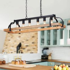 Alternative view of Special 5-Light Metal Chandelier Imitation Wood Grain Linear Pendant Ceiling Lighting Rustic Farmhouse Fixture Kitchen
