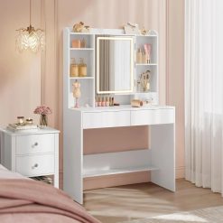 Special VASAGLE KAILYN Collection, Vanity Desk with Mirror and 9 LED Bulbs, Dressing Table with 9 Drawers