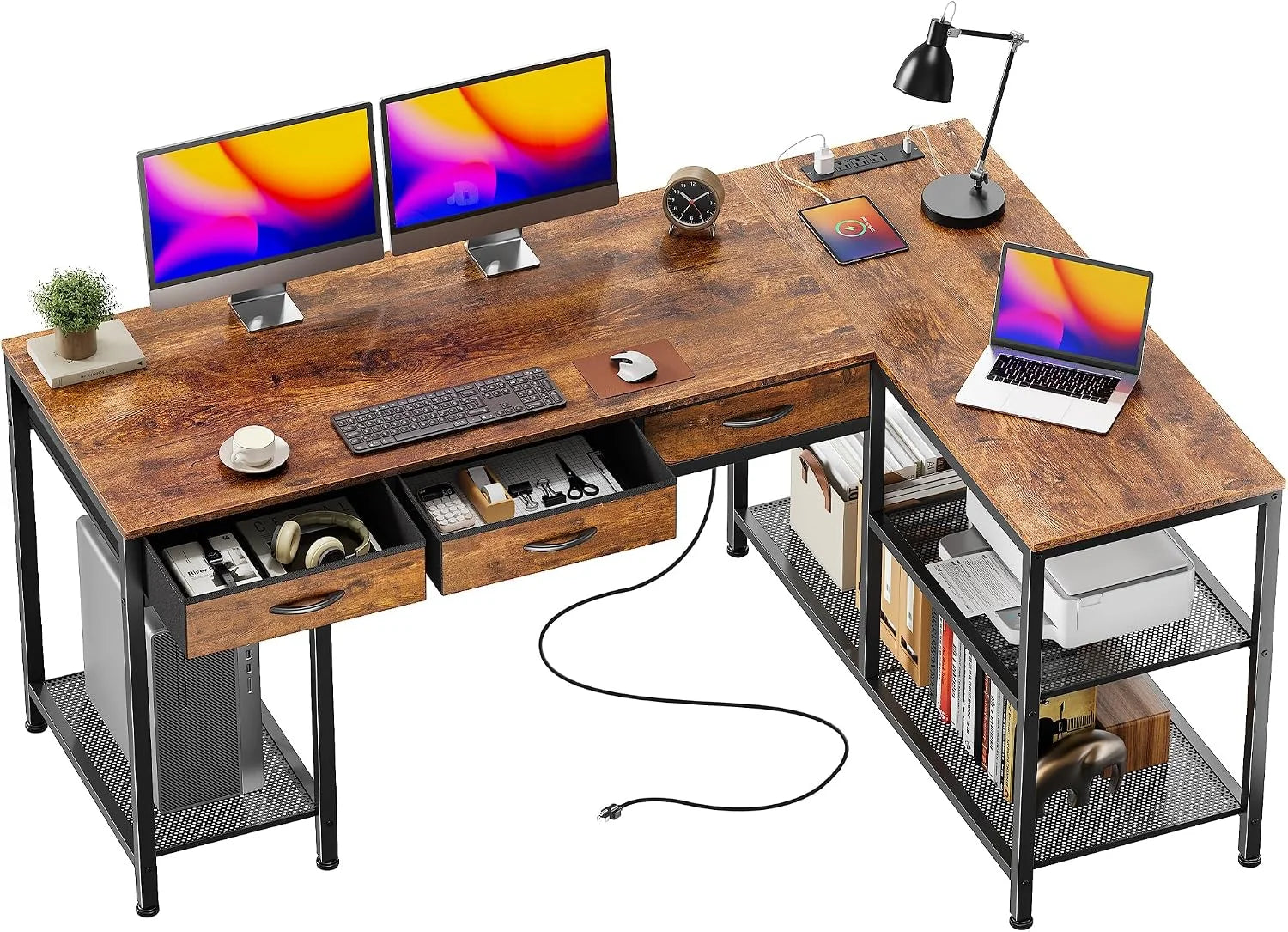 Special 55 Inch L Shaped Office Desk with Power Outlets and Type-C Port, Large Computer Gaming Desk with 3 Fabric - Image 8