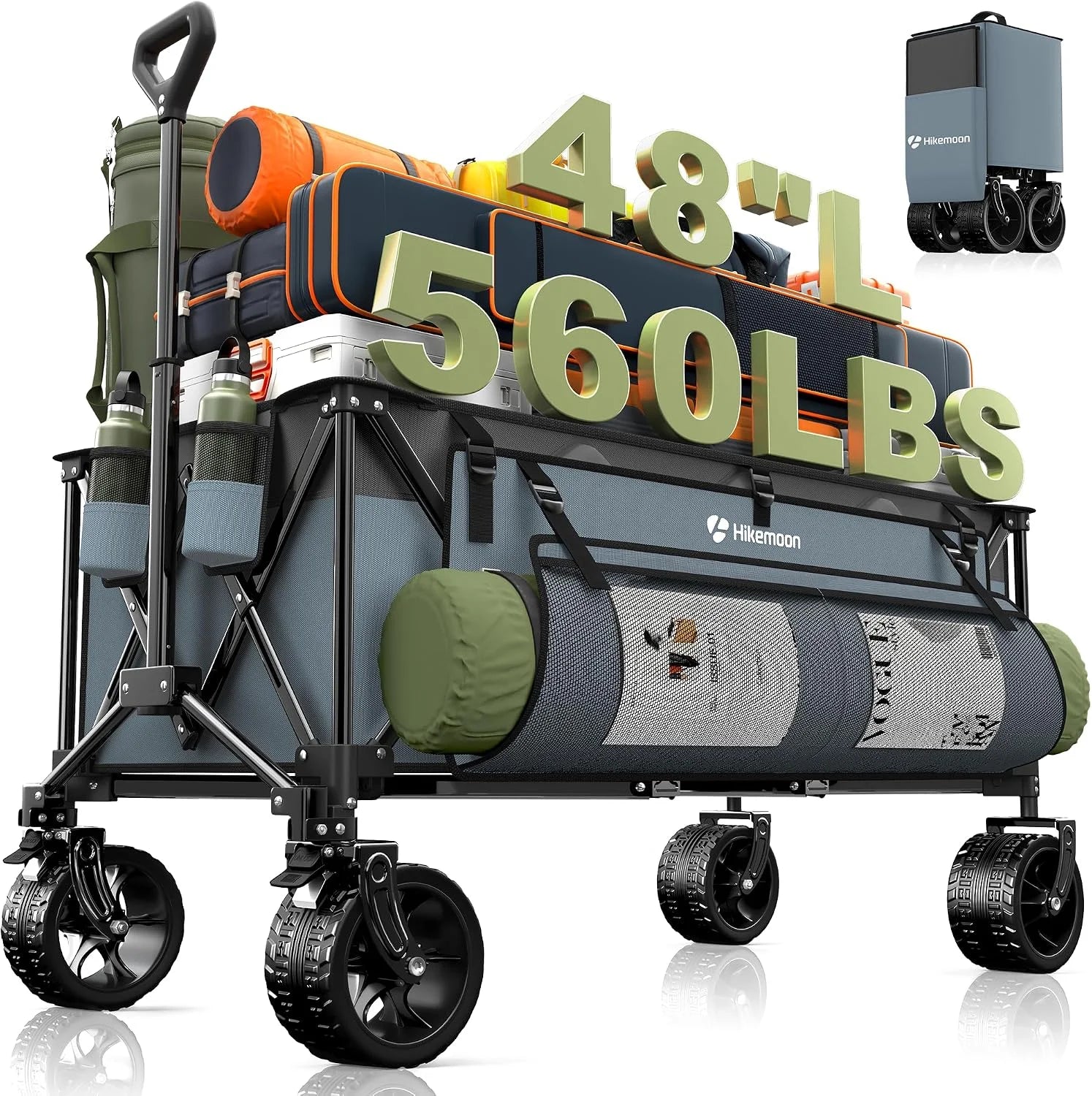 Special HIKEMOON 48" Extra Large Collapsible Wagon with Big Wheels, 300L Black, 560LBS Heavy Duty - Image 11