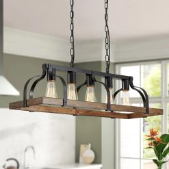 Special 5-Light Metal Chandelier Imitation Wood Grain Linear Pendant Ceiling Lighting Rustic Farmhouse Fixture Kitchen