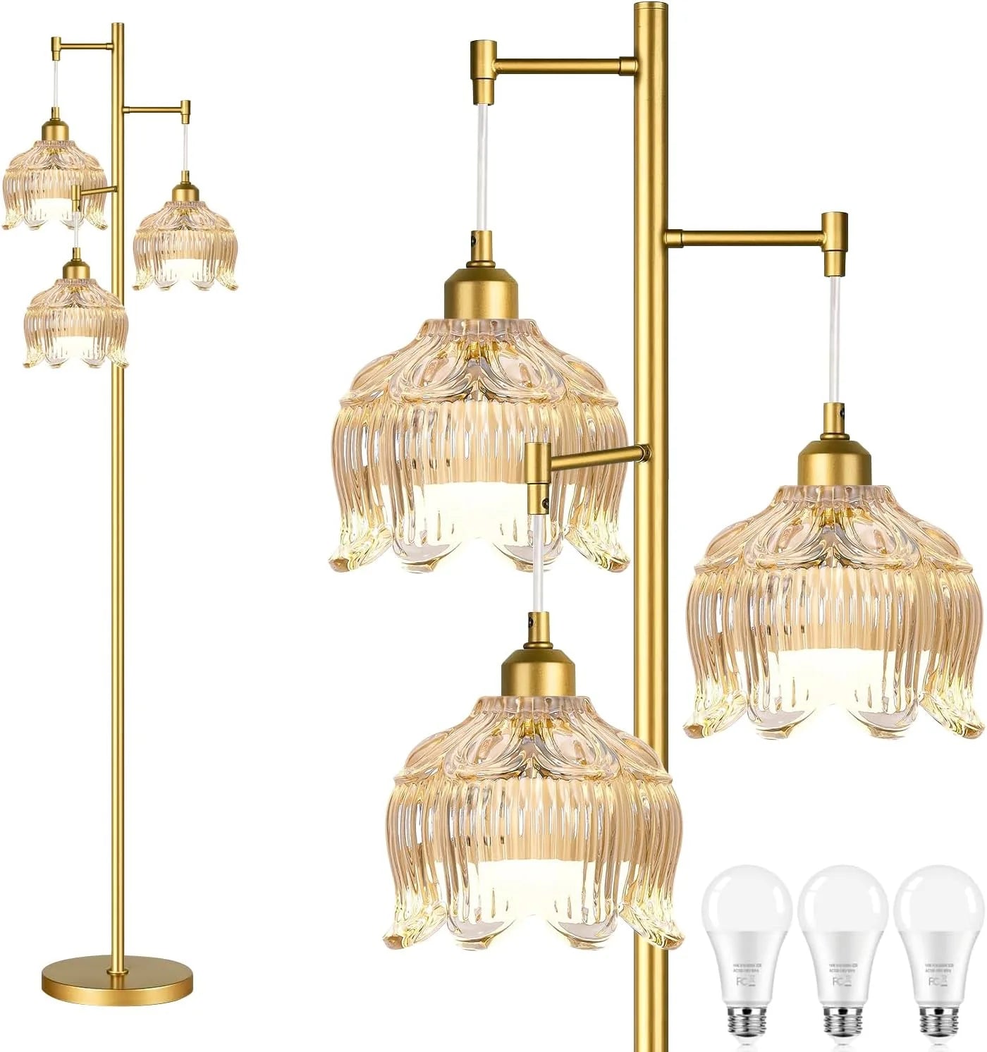 Special ZECOXOL Vintage Floor Lamp for Living Room Bedroom-3 Light Glass Floor Lamp with Three Led Bulb - Image 5