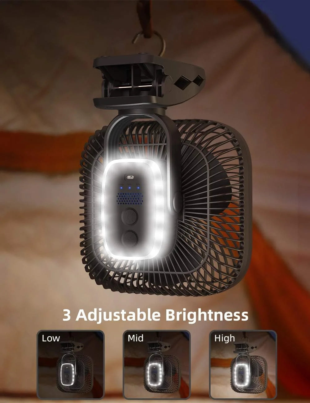 Special 20000mAh Rechargeable Portable Clip-on Fan, Battery Operated, Last 78 Hrs, 4 Speeds with Light & Hook - Image 4