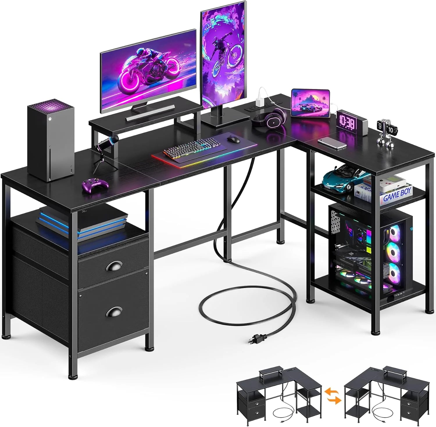 Special Furologee 66" L Shaped Desk with Power Outlet, Reversible Home Office Desk with File Drawer, 2 Monitor Stands - Image 5