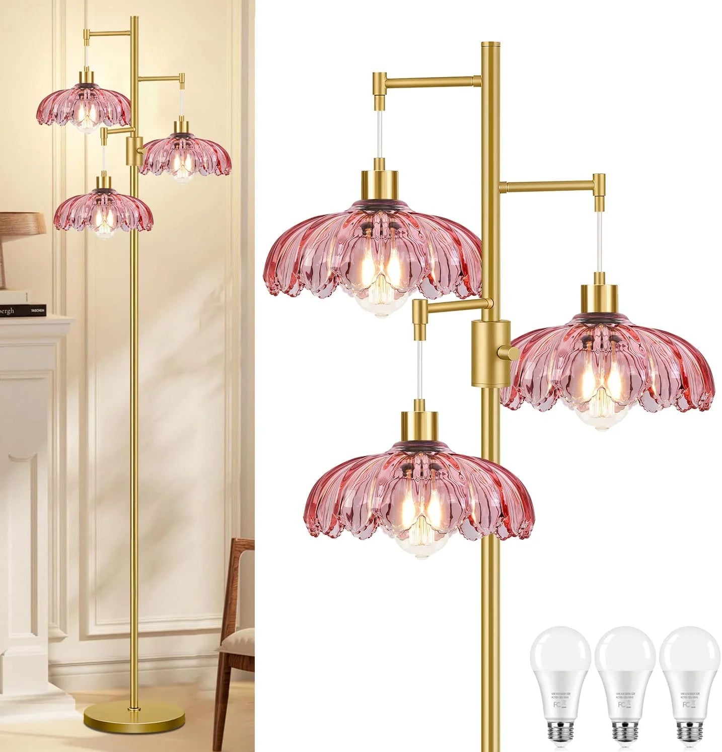 Special ZECOXOL Vintage Floor Lamp for Living Room Bedroom-3 Light Glass Floor Lamp with Three Led Bulb - Image 14