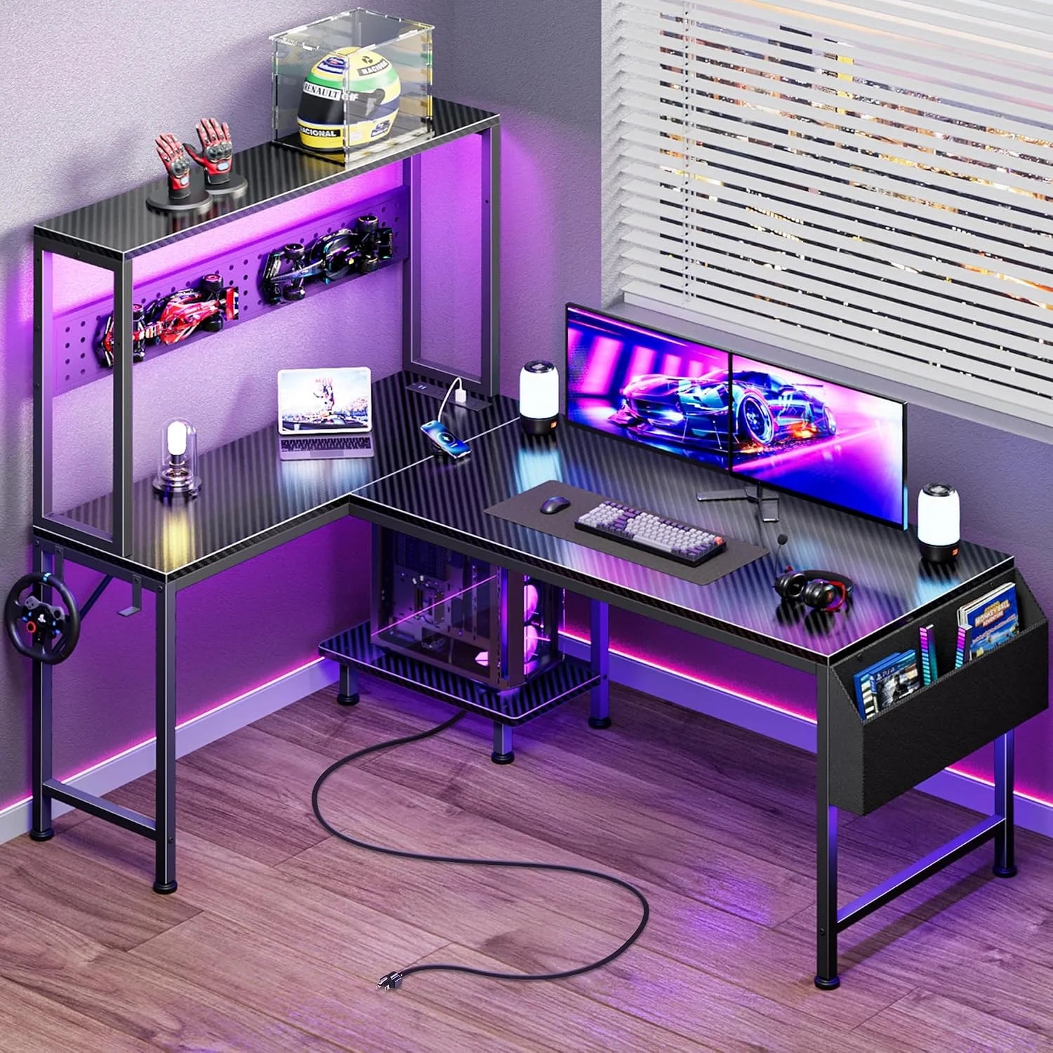 Special L Shaped Gaming Desk with LED Lights & Power Outlets, Reversible Computer Desk with Storage Shelves & Bag - Image 10