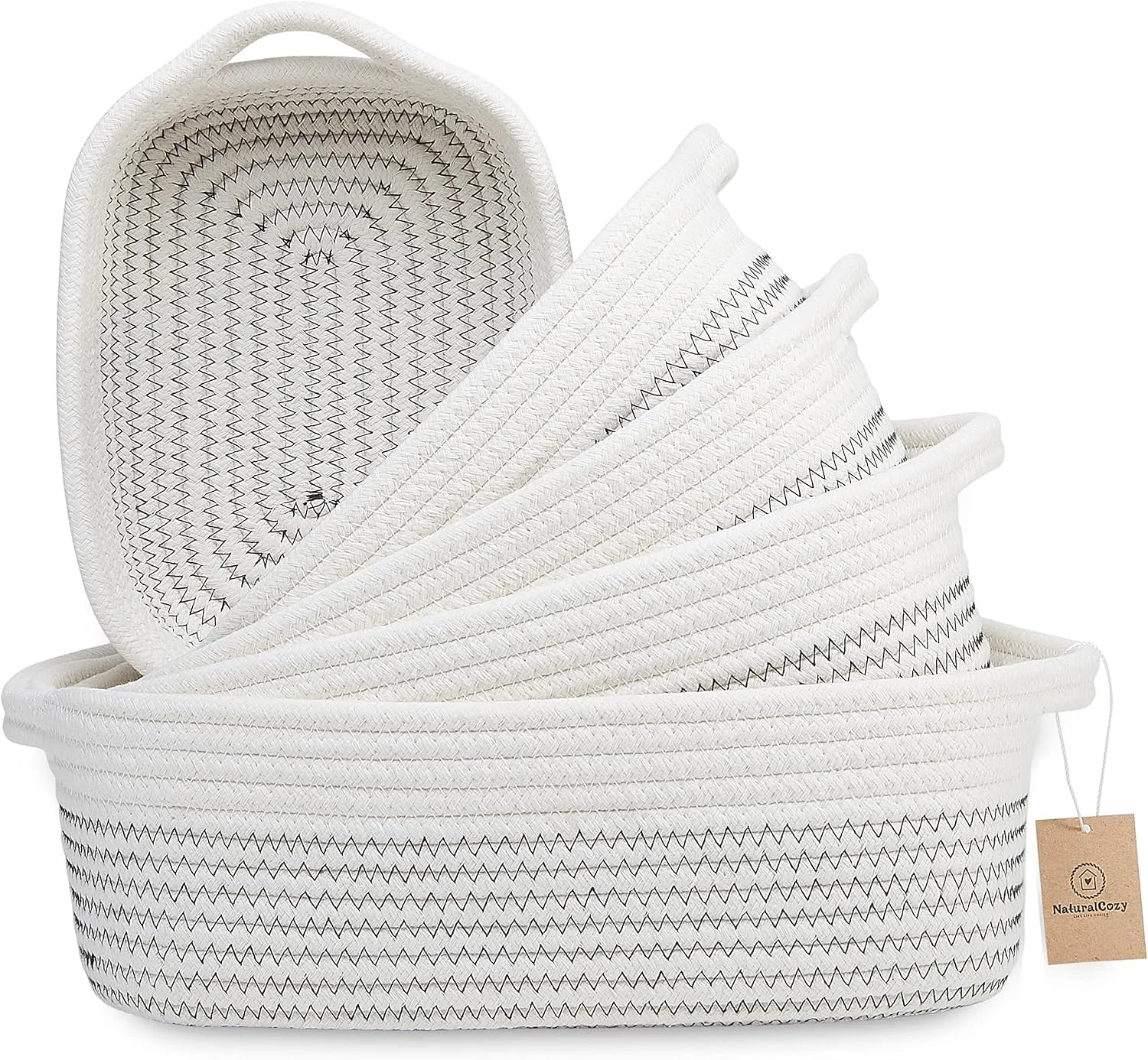 Special 5-Piece Rectangle Storage Basket Set- Natural Cotton Rope Woven for Organizing! Small Basket - Image 2