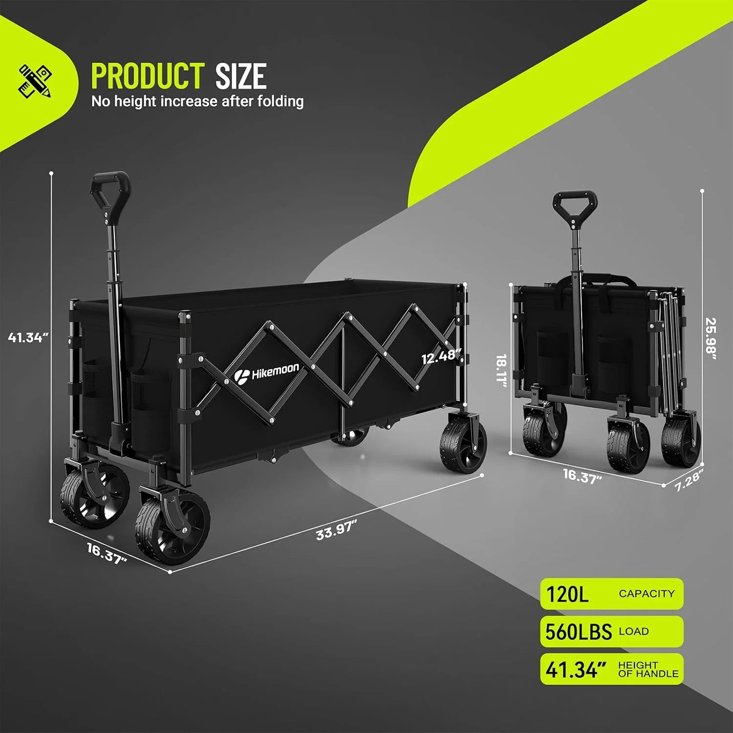 Special HIKEMOON 34" Extra Long Folding Wagon Wide Wheels, 120L 360LBS Black