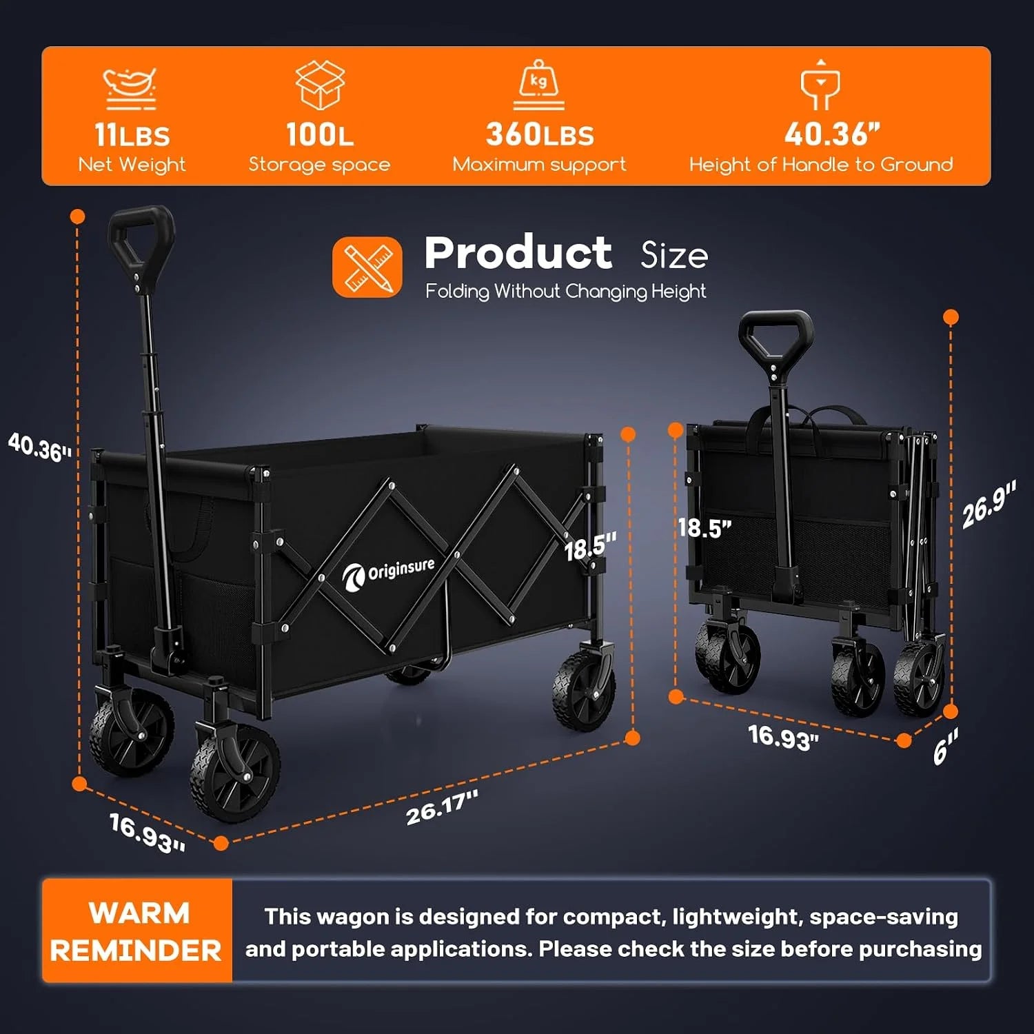 Special 100L Portable Collapsible Wagon Cart, 360lbs Heavy Duty, Black - Image 4
