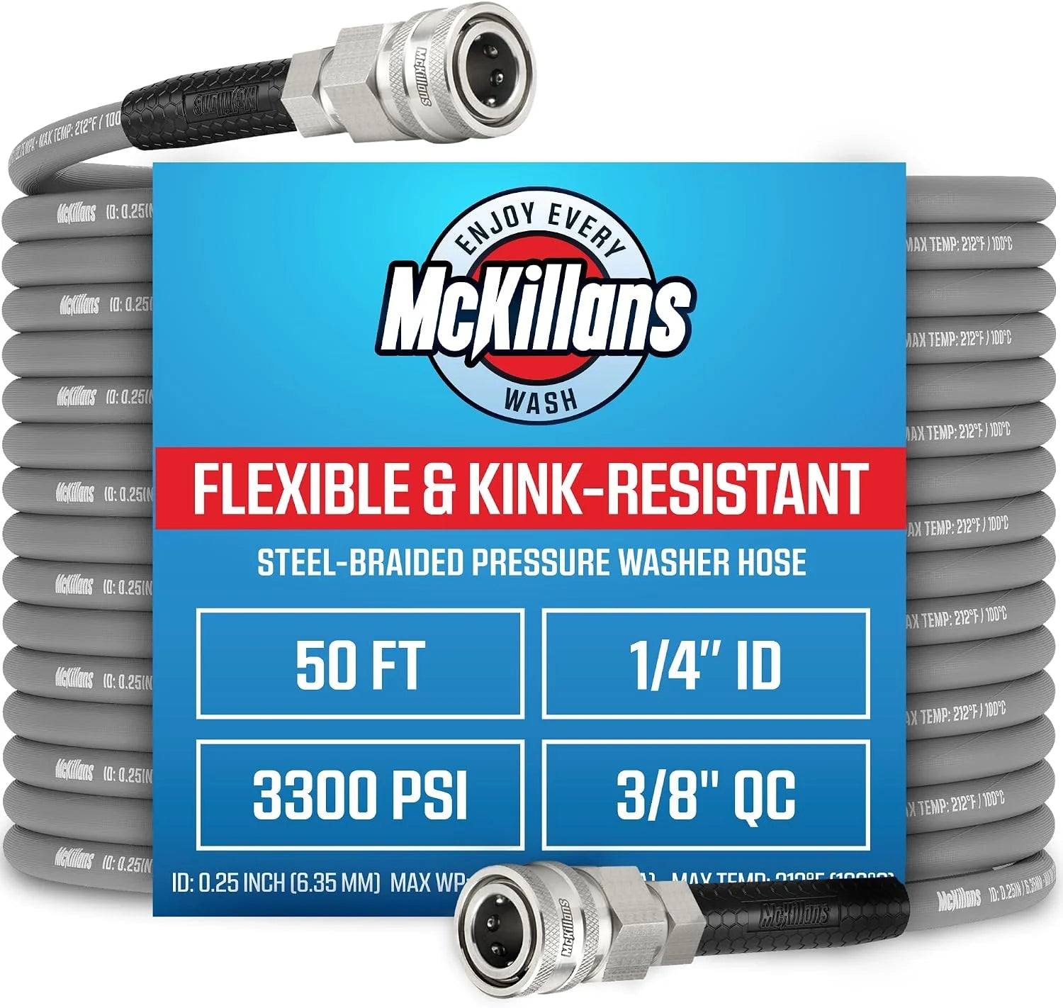 Special QC Installed Pressure Washer Hose 50 ft, Flexible & Kink-resistant, Steel-Braided & Durable- 3/8 QC