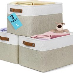 Special Baskets 3 Pack, Fabric Bins for Shelves, Vegan leather handles