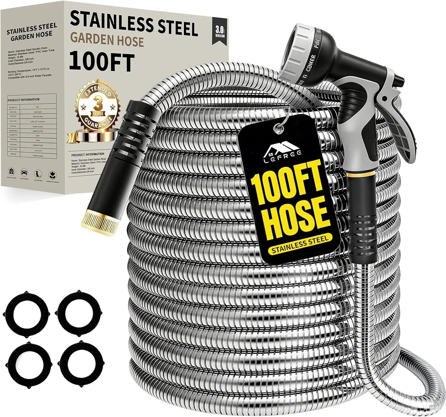 Special 150ft Stainless Steel Garden Hose, No-Kink Leak-Proof Crush Resistant, 10-Function Nozzle for Lawn Care - Image 4