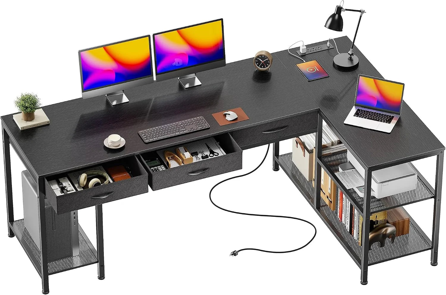 Special 55 Inch L Shaped Office Desk with Power Outlets and Type-C Port, Large Computer Gaming Desk with 3 Fabric - Image 2