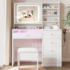 Special White Makeup Vanity Desk with Charging Station & 4 Drawers, Smart LED Mirror