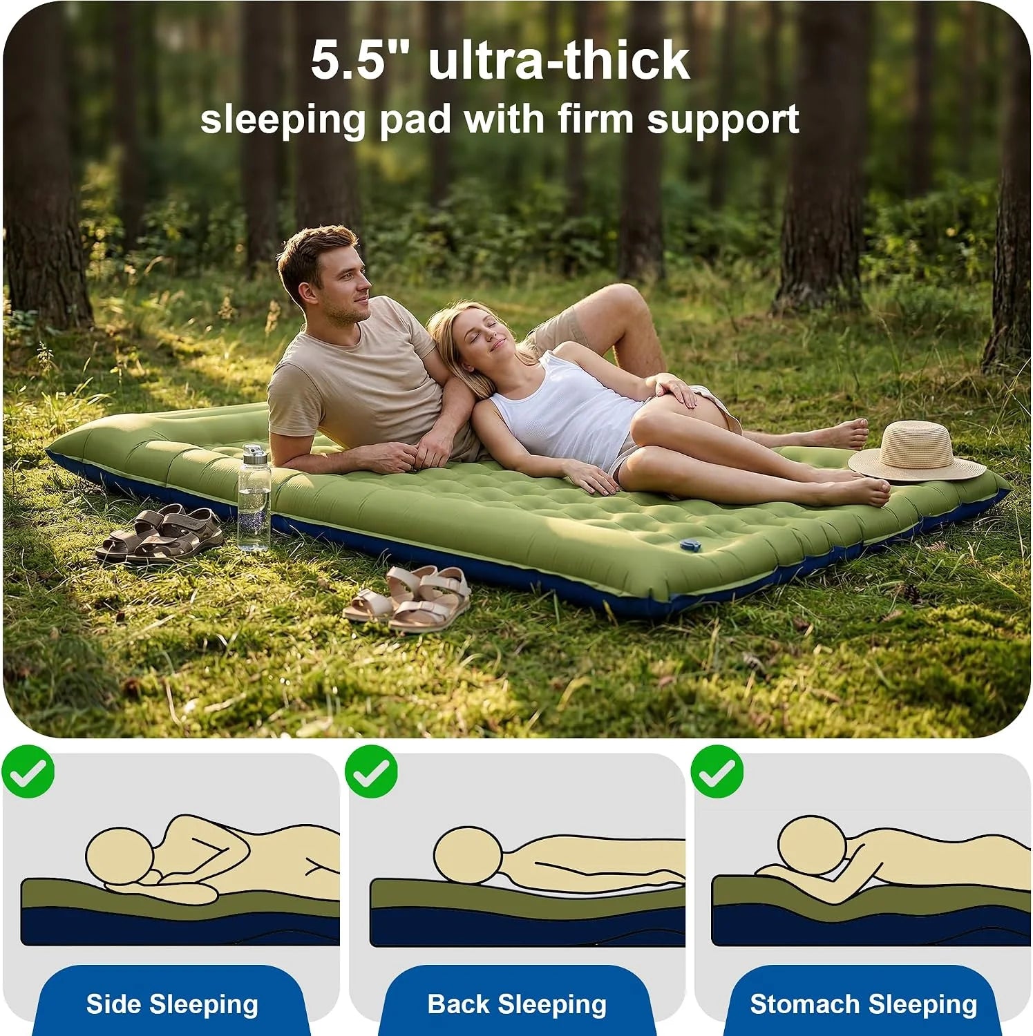 Special Pretyw Double Sleeping Pad for Camping, 5.5 Ultra-Thick Camping Mattress with Pillow, Built-in Foot Pump - Image 3