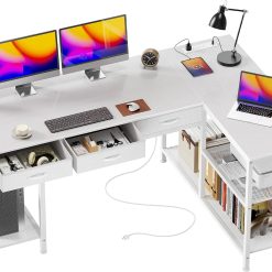 Special 55 Inch L Shaped Office Desk with Power Outlets and Type-C Port, Large Computer Gaming Desk with 3 Fabric