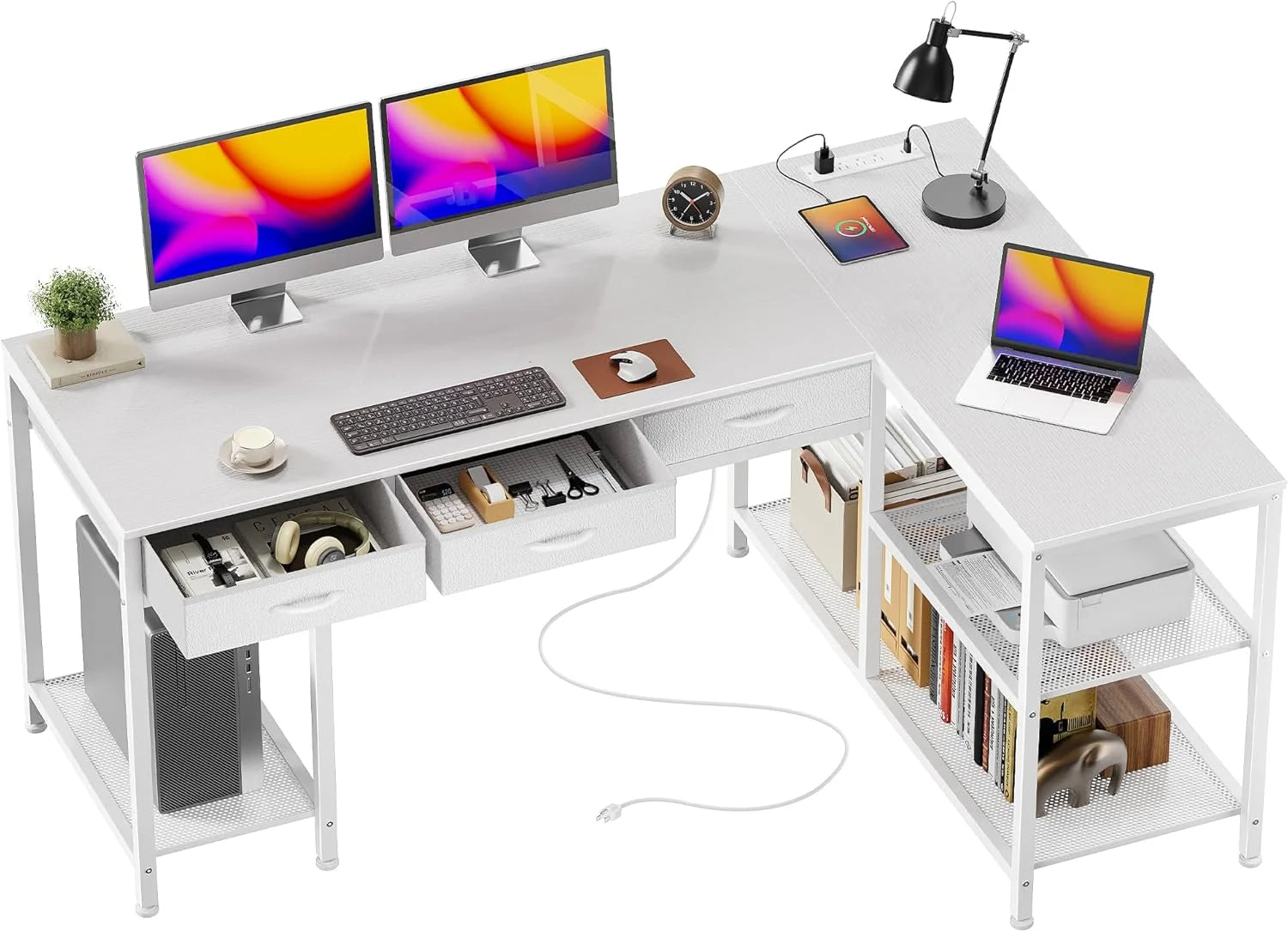 Special 55 Inch L Shaped Office Desk with Power Outlets and Type-C Port, Large Computer Gaming Desk with 3 Fabric