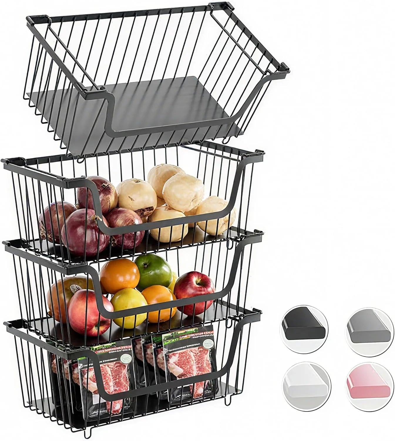 Special Stackable Wire Baskets Pantry Organizers and Storage Bins, Black, Breathable Metal Design with Rotating - Image 2