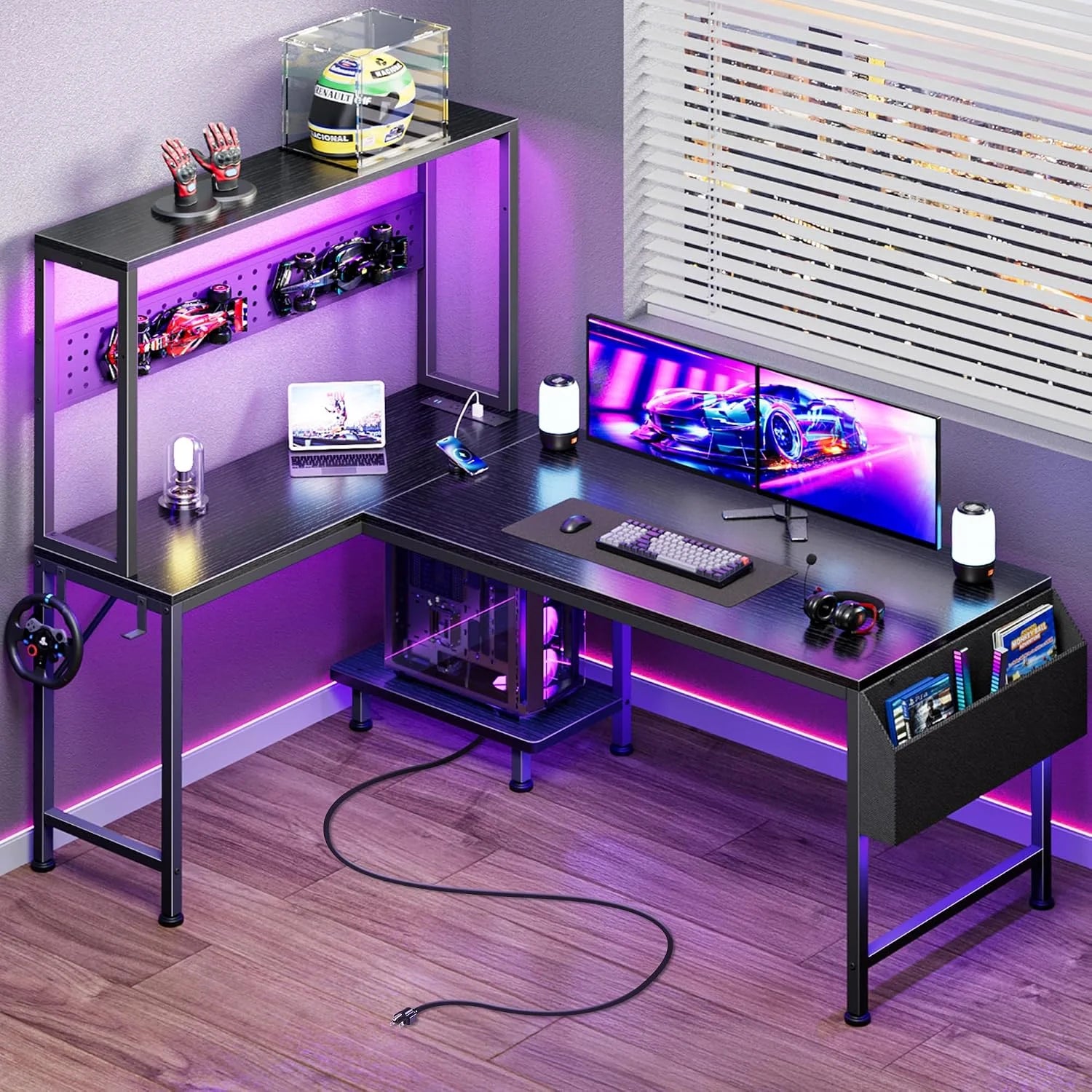 Special L Shaped Gaming Desk with LED Lights & Power Outlets, Reversible Computer Desk with Storage Shelves & Bag