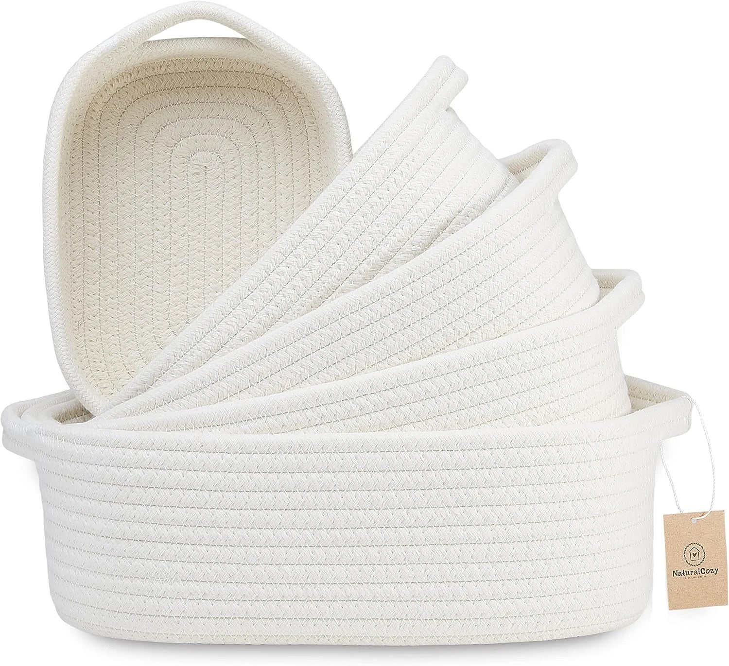 Special 5-Piece Rectangle Storage Basket Set- Natural Cotton Rope Woven for Organizing! Small Basket - Image 5