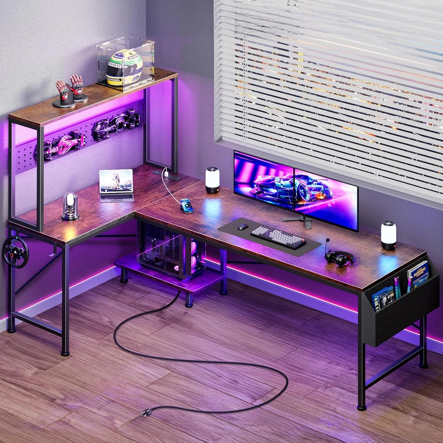 Special L Shaped Gaming Desk with LED Lights & Power Outlets, Reversible Computer Desk with Storage Shelves & Bag - Image 2