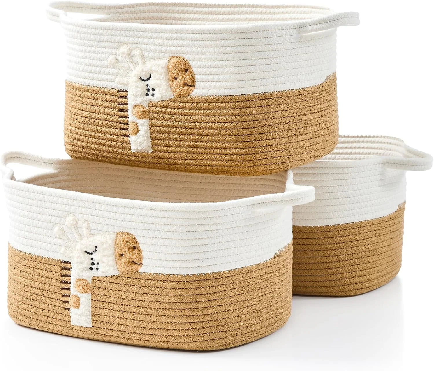 Special Basket, Woven Baskets for Shelves, White/Brown, 3 Pack Boho Cotton Rope Storage Baskets - Image 2