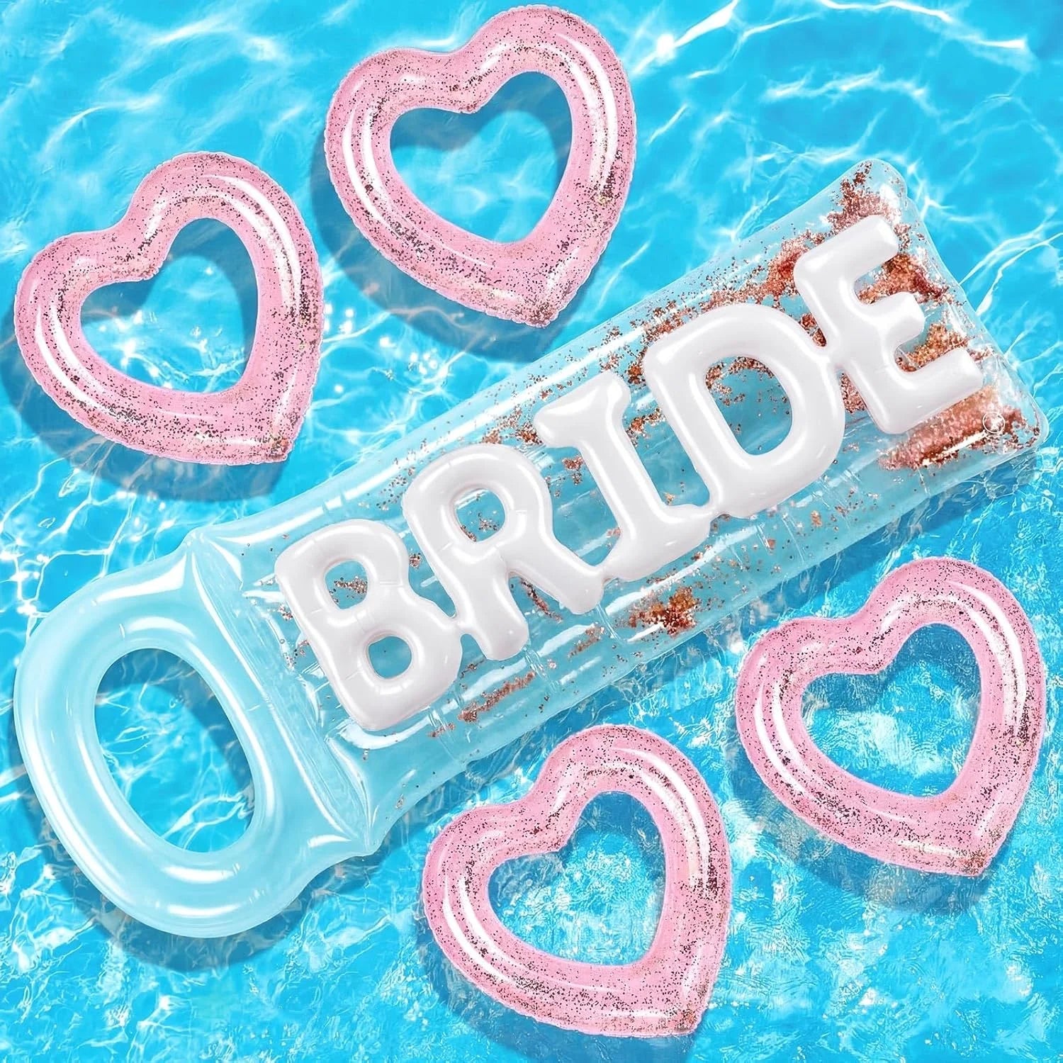 Special 5 Pcs Bachelorette Pool Floats Set, Bride Pool Party Decor: 72 Glitter Bride Raft Lounger & 4 Heart Swim Rings