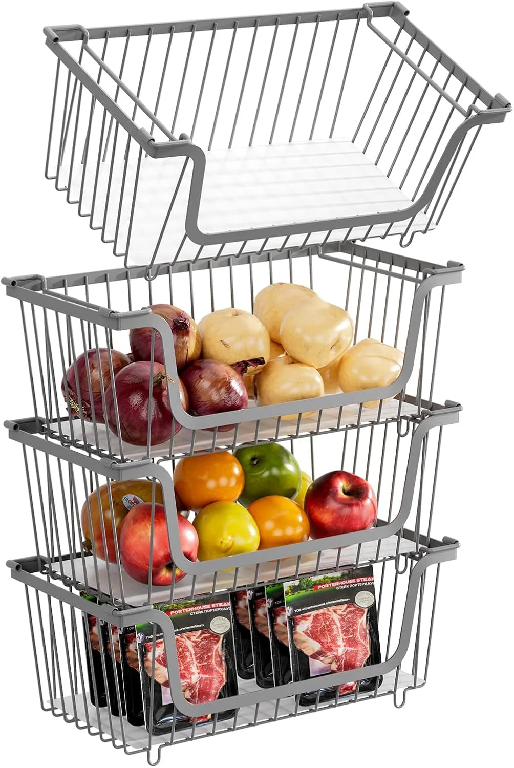 Special Stackable Wire Baskets Pantry Organizers and Storage Bins, Black, Breathable Metal Design with Rotating - Image 6